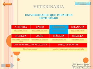 POR UNIVERSIDADES
                                                                                           (ANDALUCÍA)


                                VETERINARIA

                     UNIVERSIDADES QUE IMPARTEN
                             ESTE GRADO


       ALMERÍA                     CÁDIZ               CÓRDOBA                  GRANADA
       http://www.ual.es/      http://www.uca.es/es/   http://www.uco.es/       http://www.ugr.es/


        HUELVA                      JAÉN                MÁLAGA                   SEVILLA
     http://www.uhu.es/inde   http://www10.ujaen.es/   http://www.uma.es/       http://www.us.es/
              x.php

      INTERNACIONAL DE ANDALUCÍA                               PABLO DE OLAVIDE

                   http://www.unia.es/                  http://www.upo.es/portal/impe/web/portada




                                                                                  IES "Ventura Morón"
SD                                                                               Juan Carrasco Moriano
                                                                                  Orientador Educativo
 