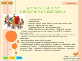 SYJ   OA                                                                                  UNIVERSIDADES



                  ADMINISTRACIÓN Y
               DIRECCIÓN DE EMPRESAS

                             - Gerencia y dirección.
                             - Administración.
                             - Finanzas (contable, riesgos, productos financieros, auditoría interna,
                             auditoría     externa, controller, bolsa),.
                             - Comercial (dirección de ventas, agente comercial).
                             - RRHH (dirección, responsable selección, valoración de personal).
               - Marketing (marketing manager, product manager, responsable de investigación y
               técnicas de mercado).
               - Departamento exterior (dirección de exportación, responsable de comercio exterior).
               - Informática (auditoría informática, tratamiento de información y modelos
               empresariales).
               - Servicios de estudios (bancos y otras entidades).
               - Docencia e investigación ya sea en instituciones públicas o privadas.
               - Ejercicio libre de la profesión: se puede optar por ser auditor de cuentas, asesor fiscal,
               consultor, asesor financiero y contable, auditor informático, asesor y gestor de recursos
               humanos, o trabajar en actuaciones judiciales (interventores judiciales en suspensiones
               de pagos, comisarios y depositarios en quiebras, peritajes, etc.).



                                                                                       IES "Ventura Morón"
 I         R   U                                                                      Juan Carrasco Moriano
                                                                                       Orientador Educativo
 