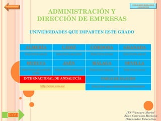 POR UNIVERSIDADES
                                                                                            (ANDALUCÍA)


                    ADMINISTRACIÓN Y
                 DIRECCIÓN DE EMPRESAS

           UNIVERSIDADES QUE IMPARTEN ESTE GRADO


        ALMERÍA                     CÁDIZ               CÓRDOBA                  GRANADA
        http://www.ual.es/      http://www.uca.es/es/   http://www.uco.es/       http://www.ugr.es/


         HUELVA                      JAÉN                MÁLAGA                   SEVILLA
      http://www.uhu.es/inde   http://www10.ujaen.es/   http://www.uma.es/       http://www.us.es/
               x.php

       INTERNACIONAL DE ANDALUCÍA                               PABLO DE OLAVIDE

                    http://www.unia.es/                  http://www.upo.es/portal/impe/web/portada




                                                                                   IES "Ventura Morón"
SYJ                                                                               Juan Carrasco Moriano
                                                                                   Orientador Educativo
 