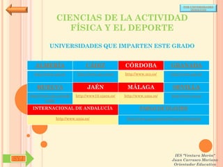 POR UNIVERSIDADES
                                                                                            (ANDALUCÍA)



                    CIENCIAS DE LA ACTIVIDAD
                       FÍSICA Y EL DEPORTE

                UNIVERSIDADES QUE IMPARTEN ESTE GRADO


        ALMERÍA                     CÁDIZ               CÓRDOBA                  GRANADA
        http://www.ual.es/      http://www.uca.es/es/   http://www.uco.es/       http://www.ugr.es/


         HUELVA                      JAÉN                MÁLAGA                   SEVILLA
      http://www.uhu.es/inde   http://www10.ujaen.es/   http://www.uma.es/       http://www.us.es/
               x.php

       INTERNACIONAL DE ANDALUCÍA                               PABLO DE OLAVIDE

                    http://www.unia.es/                  http://www.upo.es/portal/impe/web/portada




                                                                                   IES "Ventura Morón"
SYJ                                                                               Juan Carrasco Moriano
                                                                                   Orientador Educativo
 