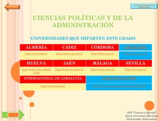 POR UNIVERSIDADES
                                                                                            (ANDALUCÍA)




              CIENCIAS POLÍTICAS Y DE LA
                  ADMINISTRACIÓN

            UNIVERSIDADES QUE IMPARTEN ESTE GRADO

        ALMERÍA                     CÁDIZ               CÓRDOBA                  GRANADA
        http://www.ual.es/      http://www.uca.es/es/   http://www.uco.es/       http://www.ugr.es/


         HUELVA                      JAÉN                MÁLAGA                   SEVILLA
      http://www.uhu.es/inde   http://www10.ujaen.es/   http://www.uma.es/       http://www.us.es/
               x.php

       INTERNACIONAL DE ANDALUCÍA                               PABLO DE OLAVIDE

                    http://www.unia.es/                  http://www.upo.es/portal/impe/web/portada




                                                                                   IES "Ventura Morón"
SYJ                                                                               Juan Carrasco Moriano
                                                                                   Orientador Educativo
 