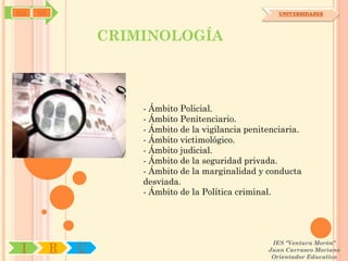 SYJ   OA                                                 UNIVERSIDADES




                   CRIMINOLOGÍA



                       - Ámbito Policial.
                       - Ámbito Penitenciario.
                       - Ámbito de la vigilancia penitenciaria.
                       - Ámbito victimológico.
                       - Ámbito judicial.
                       - Ámbito de la seguridad privada.
                       - Ámbito de la marginalidad y conducta
                       desviada.
                       - Ámbito de la Política criminal.




                                                       IES "Ventura Morón"
 I         R   U                                      Juan Carrasco Moriano
                                                       Orientador Educativo
 