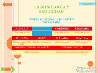 POR UNIVERSIDADES
                                                                                            (ANDALUCÍA)


                               CRIMINOLOGÍA Y
                                 SEGURIDAD

                         UNIVERSIDADES QUE IMPARTEN
                                 ESTE GRADO

        ALMERÍA                     CÁDIZ               CÓRDOBA                  GRANADA
        http://www.ual.es/      http://www.uca.es/es/   http://www.uco.es/       http://www.ugr.es/


         HUELVA                      JAÉN                MÁLAGA                   SEVILLA
      http://www.uhu.es/inde   http://www10.ujaen.es/   http://www.uma.es/       http://www.us.es/
               x.php

       INTERNACIONAL DE ANDALUCÍA                               PABLO DE OLAVIDE

                    http://www.unia.es/                  http://www.upo.es/portal/impe/web/portada




                                                                                   IES "Ventura Morón"
SYJ                                                                               Juan Carrasco Moriano
                                                                                   Orientador Educativo
 