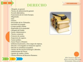 SYJ   OA                                                       UNIVERSIDADES

                                 DERECHO
       - Abogado, en general.
       - Técnico de administración general.
       - Escuela diplomática.
       - Funcionarios de la Unión Europea.
       - Magistrado.
       - Juez.
       - Notario.
       - Procurador de los Tribunales.
       - Secretario de juzgado.
       - Cuerpo jurídico militar.
       - Registrador de la propiedad.
       - Abogado del Estado.
       - Gestor Administrativo.
       - Técnico comercial.
       - Censores de cuentas.
       - Inspectores de seguros.
       - Asesor jurídico.
       - Asesor fiscal y tributario.
       - Jefaturas de personal y otros cargos de empresa.
       - Docente e investigador en formación superior.
       - Docente en enseñanza secundaria
       - Técnico de Prevención de Riesgos Laborales.
       - Administrador de Fincas.
       - Agentes de cambio y bolsa.
       - Técnico/Director de Recursos Humanos.
                                                             IES "Ventura Morón"
 I         R       U                                        Juan Carrasco Moriano
                                                             Orientador Educativo
 