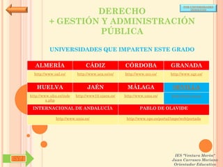 POR UNIVERSIDADES

                         DERECHO                                                            (ANDALUCÍA)




                + GESTIÓN Y ADMINISTRACIÓN
                          PÚBLICA

                UNIVERSIDADES QUE IMPARTEN ESTE GRADO

        ALMERÍA                     CÁDIZ               CÓRDOBA                  GRANADA
        http://www.ual.es/      http://www.uca.es/es/   http://www.uco.es/       http://www.ugr.es/


         HUELVA                      JAÉN                MÁLAGA                   SEVILLA
      http://www.uhu.es/inde   http://www10.ujaen.es/   http://www.uma.es/       http://www.us.es/
               x.php

       INTERNACIONAL DE ANDALUCÍA                               PABLO DE OLAVIDE

                    http://www.unia.es/                  http://www.upo.es/portal/impe/web/portada




                                                                                   IES "Ventura Morón"
SYJ                                                                               Juan Carrasco Moriano
                                                                                   Orientador Educativo
 