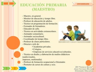 SYJ   OA
               EDUCACIÓN PRIMARIA
                                                                               UNIVERSIDADES



                   (MAESTRO)
               - Maestro, en general.
               - Monitor de educación y tiempo libre.
               - Profesor de educación de adultos.
               - Técnico en programación de formación.
               - Formador de formadores.
               - Educador de calle.
               - Técnico en actividades extraescolares.
               - Animador comunitario.
               - Animador sociocultural.
               - Coordinador de tiempo libre.
               - Profesor de clases particulares.
               - Director o jefe de:
                           • Academias privadas.
                           • Colegios.
                           • Empresas de servicios educativos/culturales.
               - Técnico en diseño y elaboración de medios didácticos
               (audiovisuales,
               impresos, multimedia).
               - Profesor de formación ocupacional u Orientador.
               - Promotor de cursos de cultura y ocio.
                                                                             IES "Ventura Morón"
 I         R   U                                                            Juan Carrasco Moriano
                                                                             Orientador Educativo
 