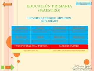 POR UNIVERSIDADES
                                                                                            (ANDALUCÍA)

                        EDUCACIÓN PRIMARIA
                            (MAESTRO)

                         UNIVERSIDADES QUE IMPARTEN
                                 ESTE GRADO

        ALMERÍA                     CÁDIZ               CÓRDOBA                  GRANADA
        http://www.ual.es/      http://www.uca.es/es/   http://www.uco.es/       http://www.ugr.es/


         HUELVA                      JAÉN                MÁLAGA                   SEVILLA
      http://www.uhu.es/inde   http://www10.ujaen.es/   http://www.uma.es/       http://www.us.es/
               x.php

       INTERNACIONAL DE ANDALUCÍA                               PABLO DE OLAVIDE

                    http://www.unia.es/                  http://www.upo.es/portal/impe/web/portada




                                                                                   IES "Ventura Morón"
SYJ                                                                               Juan Carrasco Moriano
                                                                                   Orientador Educativo
 