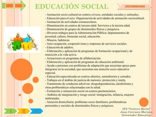 SYJ   OA
               EDUCACIÓN SOCIAL                                                     UNIVERSIDADES


                   - Animación socio-cultural en centros cívicos, entidades sociales y culturales.
                   - Educación para el ocio. Organización de actividades de animación sociocultural.
                   - Animación de actividades extraescolares.
                   - Dinamización en centros de tercera edad. Servicios a la tercera edad.
                   - Dinamización de grupos de disminuidos físicos y psíquicos.
                   - Diversos trabajos para la Administración Pública: departamentos de
                   juventud, cultura, bienestar social, educación.
                   - Museos, ludotecas
                   - Auto-ocupación, cooperativismo y empresas de servicios sociales.
                   - Educación de adultos.
                   - Elaboración y aplicación de programas de formación ocupacional y de
                   transición a la vida activa.
                   - Actuaciones en programas de alfabetización.
                   - Elaboración y aplicación de programas de educación ambiental.
                   - Ayuda a personas con problemas de adaptación que necesitan apoyo para
                   integrarse en la sociedad, que necesitan una atención socio-educativa
                   especial.
                   - Educación especializada en centros abiertos, semiabiertos y cerrados.
                   - Trabajos en el ámbito de justicia de menores: protección y tutela.
                   - Tratamiento de conductas adictivas: drogodependencias, alcoholismo y
                   otras problemáticas relacionadas con la salud.
                   - Formación y reinserción social en centros penitenciarios.
                   - Ámbitos de marginación y riesgo social: inmigración, infancia, mujeres
                   maltratadas.
                   - Atención domiciliaria: problemas socio-familiares, problemáticas
                   personales y sociales de disminuidos físicos y psíquicos.
                                                                                 IES "Ventura Morón"
 I         R   U                                                                Juan Carrasco Moriano
                                                                                 Orientador Educativo
 
