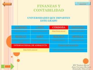 POR UNIVERSIDADES
                                                                                            (ANDALUCÍA)

                                  FINANZAS Y
                                 CONTABILIDAD

                         UNIVERSIDADES QUE IMPARTEN
                                 ESTE GRADO

        ALMERÍA                     CÁDIZ               CÓRDOBA                  GRANADA
        http://www.ual.es/      http://www.uca.es/es/   http://www.uco.es/       http://www.ugr.es/


         HUELVA                      JAÉN                MÁLAGA                   SEVILLA
      http://www.uhu.es/inde   http://www10.ujaen.es/   http://www.uma.es/       http://www.us.es/
               x.php

       INTERNACIONAL DE ANDALUCÍA                               PABLO DE OLAVIDE

                    http://www.unia.es/                  http://www.upo.es/portal/impe/web/portada




                                                                                   IES "Ventura Morón"
SYJ                                                                               Juan Carrasco Moriano
                                                                                   Orientador Educativo
 
