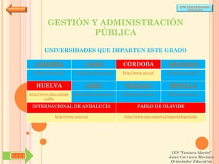 POR UNIVERSIDADES
                                                                                            (ANDALUCÍA)




                GESTIÓN Y ADMINISTRACIÓN
                        PÚBLICA

              UNIVERSIDADES QUE IMPARTEN ESTE GRADO

        ALMERÍA                     CÁDIZ               CÓRDOBA                  GRANADA
        http://www.ual.es/      http://www.uca.es/es/   http://www.uco.es/       http://www.ugr.es/


         HUELVA                      JAÉN                MÁLAGA                   SEVILLA
      http://www.uhu.es/inde   http://www10.ujaen.es/   http://www.uma.es/       http://www.us.es/
               x.php

       INTERNACIONAL DE ANDALUCÍA                               PABLO DE OLAVIDE

                    http://www.unia.es/                  http://www.upo.es/portal/impe/web/portada




                                                                                   IES "Ventura Morón"
SYJ                                                                               Juan Carrasco Moriano
                                                                                   Orientador Educativo
 