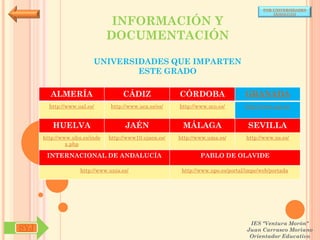 POR UNIVERSIDADES
                                                                                            (ANDALUCÍA)

                                INFORMACIÓN Y
                               DOCUMENTACIÓN

                         UNIVERSIDADES QUE IMPARTEN
                                 ESTE GRADO

        ALMERÍA                     CÁDIZ               CÓRDOBA                  GRANADA
        http://www.ual.es/      http://www.uca.es/es/   http://www.uco.es/       http://www.ugr.es/


         HUELVA                      JAÉN                MÁLAGA                   SEVILLA
      http://www.uhu.es/inde   http://www10.ujaen.es/   http://www.uma.es/       http://www.us.es/
               x.php

       INTERNACIONAL DE ANDALUCÍA                               PABLO DE OLAVIDE

                    http://www.unia.es/                  http://www.upo.es/portal/impe/web/portada




                                                                                   IES "Ventura Morón"
SYJ                                                                               Juan Carrasco Moriano
                                                                                   Orientador Educativo
 