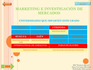 POR UNIVERSIDADES
                                                                                            (ANDALUCÍA)




         MARKETING E INVESTIGACIÓN DE
                 MERCADOS

              UNIVERSIDADES QUE IMPARTEN ESTE GRADO

        ALMERÍA                     CÁDIZ               CÓRDOBA                  GRANADA
        http://www.ual.es/      http://www.uca.es/es/   http://www.uco.es/       http://www.ugr.es/


         HUELVA                      JAÉN                MÁLAGA                   SEVILLA
      http://www.uhu.es/inde   http://www10.ujaen.es/   http://www.uma.es/       http://www.us.es/
               x.php

       INTERNACIONAL DE ANDALUCÍA                               PABLO DE OLAVIDE

                    http://www.unia.es/                  http://www.upo.es/portal/impe/web/portada




                                                                                   IES "Ventura Morón"
SYJ                                                                               Juan Carrasco Moriano
                                                                                   Orientador Educativo
 
