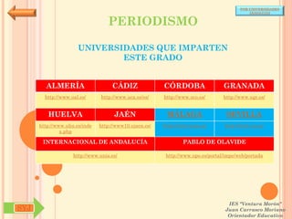 POR UNIVERSIDADES
                                                                                            (ANDALUCÍA)


                                   PERIODISMO

                      UNIVERSIDADES QUE IMPARTEN
                              ESTE GRADO


        ALMERÍA                     CÁDIZ               CÓRDOBA                  GRANADA
        http://www.ual.es/      http://www.uca.es/es/   http://www.uco.es/       http://www.ugr.es/


         HUELVA                      JAÉN                MÁLAGA                   SEVILLA
      http://www.uhu.es/inde   http://www10.ujaen.es/   http://www.uma.es/       http://www.us.es/
               x.php

       INTERNACIONAL DE ANDALUCÍA                               PABLO DE OLAVIDE

                    http://www.unia.es/                  http://www.upo.es/portal/impe/web/portada




                                                                                   IES "Ventura Morón"
SYJ                                                                               Juan Carrasco Moriano
                                                                                   Orientador Educativo
 