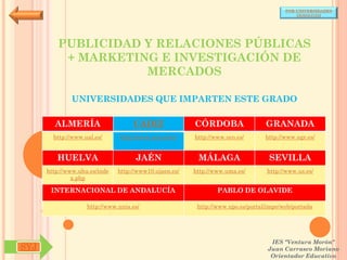 POR UNIVERSIDADES
                                                                                            (ANDALUCÍA)




          PUBLICIDAD Y RELACIONES PÚBLICAS
           + MARKETING E INVESTIGACIÓN DE
                     MERCADOS

              UNIVERSIDADES QUE IMPARTEN ESTE GRADO

        ALMERÍA                     CÁDIZ               CÓRDOBA                  GRANADA
        http://www.ual.es/      http://www.uca.es/es/   http://www.uco.es/       http://www.ugr.es/


         HUELVA                      JAÉN                MÁLAGA                   SEVILLA
      http://www.uhu.es/inde   http://www10.ujaen.es/   http://www.uma.es/       http://www.us.es/
               x.php

       INTERNACIONAL DE ANDALUCÍA                               PABLO DE OLAVIDE

                    http://www.unia.es/                  http://www.upo.es/portal/impe/web/portada




                                                                                   IES "Ventura Morón"
SYJ                                                                               Juan Carrasco Moriano
                                                                                   Orientador Educativo
 