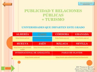 POR UNIVERSIDADES
                                                                                           (ANDALUCÍA)




                   PUBLICIDAD Y RELACIONES
                          PÚBLICAS
                          + TURISMO

               UNIVERSIDADES QUE IMPARTEN ESTE GRADO

        ALMERÍA                     CÁDIZ               CÓRDOBA                  GRANADA
        http://www.ual.es/      http://www.uca.es/es/   http://www.uco.es/       http://www.ugr.es/


         HUELVA                      JAÉN                MÁLAGA                   SEVILLA
      http://www.uhu.es/inde   http://www10.ujaen.es/   http://www.uma.es/       http://www.us.es/
               x.php

       INTERNACIONAL DE ANDALUCÍA                               PABLO DE OLAVIDE

                    http://www.unia.es/                  http://www.upo.es/portal/impe/web/portada




                                                                                  IES "Ventura Morón"
SYJ                                                                              Juan Carrasco Moriano
                                                                                  Orientador Educativo
 