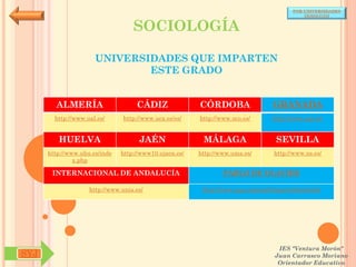 POR UNIVERSIDADES
                                                                                            (ANDALUCÍA)


                                   SOCIOLOGÍA

                      UNIVERSIDADES QUE IMPARTEN
                              ESTE GRADO


        ALMERÍA                     CÁDIZ               CÓRDOBA                  GRANADA
        http://www.ual.es/      http://www.uca.es/es/   http://www.uco.es/       http://www.ugr.es/


         HUELVA                      JAÉN                MÁLAGA                   SEVILLA
      http://www.uhu.es/inde   http://www10.ujaen.es/   http://www.uma.es/       http://www.us.es/
               x.php

       INTERNACIONAL DE ANDALUCÍA                               PABLO DE OLAVIDE

                    http://www.unia.es/                  http://www.upo.es/portal/impe/web/portada




                                                                                   IES "Ventura Morón"
SYJ                                                                               Juan Carrasco Moriano
                                                                                   Orientador Educativo
 