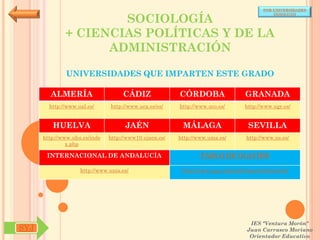 POR UNIVERSIDADES


                      SOCIOLOGÍA
                                                                                            (ANDALUCÍA)




              + CIENCIAS POLÍTICAS Y DE LA
                    ADMINISTRACIÓN

              UNIVERSIDADES QUE IMPARTEN ESTE GRADO

        ALMERÍA                     CÁDIZ               CÓRDOBA                  GRANADA
        http://www.ual.es/      http://www.uca.es/es/   http://www.uco.es/       http://www.ugr.es/


         HUELVA                      JAÉN                MÁLAGA                   SEVILLA
      http://www.uhu.es/inde   http://www10.ujaen.es/   http://www.uma.es/       http://www.us.es/
               x.php

       INTERNACIONAL DE ANDALUCÍA                               PABLO DE OLAVIDE

                    http://www.unia.es/                  http://www.upo.es/portal/impe/web/portada




                                                                                   IES "Ventura Morón"
SYJ                                                                               Juan Carrasco Moriano
                                                                                   Orientador Educativo
 