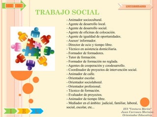 SYJ   OA                                                       UNIVERSIDADES


               TRABAJO SOCIAL
                     - Animador sociocultural.
                     - Agente de desarrollo local.
                     - Agente de desarrollo social.
                     - Agente de oficinas de colocación.
                     - Agente de igualdad de oportunidades.
                     - Asesor/ informador.
                     - Director de ocio y tiempo libre.
                     - Técnico en asistencia domiciliaria.
                     - Formador de formadores.
                     - Tutor de formación.
                     - Formador de formación no reglada.
                     - Agentes de cooperación y coodesarrollo.
                     - Coordinador de proyectos de intervención social.
                     - Animador de calle.
                     - Orientador escolar.
                     - Orientador sociolaboral.
                     - Orientador profesional.
                     - Técnico de formación.
                     - Evaluador de proyectos.
                     - Animador de tiempo libre.
                     - Mediador en el ámbito: judicial, familiar, laboral,
                     social, escolar, etc...                  IES "Ventura Morón"
 I         R   U                                           Juan Carrasco Moriano
                                                            Orientador Educativo
 