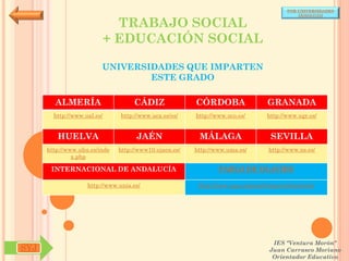 POR UNIVERSIDADES
                                                                                            (ANDALUCÍA)

                               TRABAJO SOCIAL
                             + EDUCACIÓN SOCIAL

                         UNIVERSIDADES QUE IMPARTEN
                                 ESTE GRADO

        ALMERÍA                     CÁDIZ               CÓRDOBA                  GRANADA
        http://www.ual.es/      http://www.uca.es/es/   http://www.uco.es/       http://www.ugr.es/


         HUELVA                      JAÉN                MÁLAGA                   SEVILLA
      http://www.uhu.es/inde   http://www10.ujaen.es/   http://www.uma.es/       http://www.us.es/
               x.php

       INTERNACIONAL DE ANDALUCÍA                               PABLO DE OLAVIDE

                    http://www.unia.es/                  http://www.upo.es/portal/impe/web/portada




                                                                                   IES "Ventura Morón"
SYJ                                                                               Juan Carrasco Moriano
                                                                                   Orientador Educativo
 