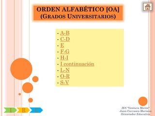 ORDEN ALFABÉTICO [OA]
         (GRADOS UNIVERSITARIOS)

             - A-B
             - C-D
             -E
             - F-G
             - H-I
             - I continuación
             - L-N
             - O-R
             - S-V



                                 IES "Ventura Morón"
I   R   U                       Juan Carrasco Moriano
                                 Orientador Educativo
 