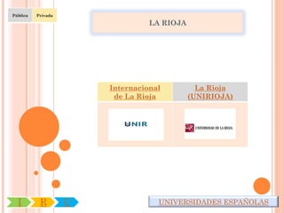 Pública   Privada

                                  LA RIOJA




                        Internacional          La Rioja
                         de La Rioja         (UNIRIOJA)




  I        R        U               UNIVERSIDADES ESPAÑOLAS
 