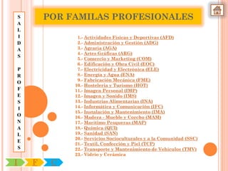 S       POR FAMILAS PROFESIONALES
A
L
I             1.- Actividades Físicas y Deportivas (AFD)
D             2.- Administración y Gestión (ADG)
A             3.- Agraria (AGA)
              4.- Artes Gráficas (ARG)
S             5.- Comercio y Marketing (COM)
              6.- Edificación y Obra Civil (EOC)
P             7.- Electricidad y Electrónica (ELE)
R             8.- Energía y Agua (ENA)
              9.- Fabricación Mecánica (FME)
O
             10.- Hostelería y Turismo (HOT)
F            11.- Imagen Personal (IMP)
E            12.- Imagen y Sonido (IMS)
S            13.- Industrias Alimentarias (INA)
I            14.- Informática y Comunicación (IFC)
             15.- Instalación y Mantenimiento (IMA)
O            16.- Madera - Mueble y Corcho (MAM)
N            17.- Marítimo Pesqueras (MAP)
A            18.- Química (QUI)
L            19.- Sanidad (SAN)
             20.- Servicios Socioculturales y a la Comunidad (SSC)
E
             21.- Textil, Confección y Piel (TCP)
S            22.- Transporte y Mantenimiento de Vehículos (TMV)
             23.- Vidrio y Cerámica
I   F    C
 