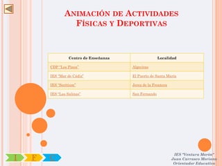 ANIMACIÓN DE ACTIVIDADES
                 FÍSICAS Y DEPORTIVAS



                  Centro de Enseñanza                  Localidad

        CDP “Los Pinos”                 Algeciras

        IES “Mar de Cádiz”              El Puerto de Santa María

        IES “Seritium”                  Jerez de la Frontera

        IES “Las Salinas”               San Fernando




                                                                IES "Ventura Morón"
I   F   C                                                      Juan Carrasco Moriano
                                                                Orientador Educativo
 