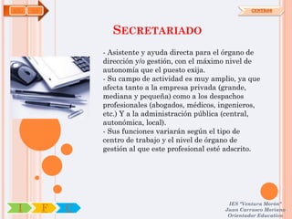 ADG   OA                                                       CENTROS




                     SECRETARIADO
                   - Asistente y ayuda directa para el órgano de
                   dirección y/o gestión, con el máximo nivel de
                   autonomía que el puesto exija.
                   - Su campo de actividad es muy amplio, ya que
                   afecta tanto a la empresa privada (grande,
                   mediana y pequeña) como a los despachos
                   profesionales (abogados, médicos, ingenieros,
                   etc.) Y a la administración pública (central,
                   autonómica, local).
                   - Sus funciones variarán según el tipo de
                   centro de trabajo y el nivel de órgano de
                   gestión al que este profesional esté adscrito.




                                                       IES "Ventura Morón"
 I         F   C                                      Juan Carrasco Moriano
                                                       Orientador Educativo
 