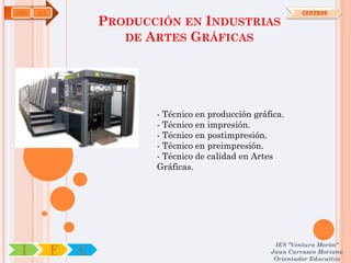 ARG   OA                                                       CENTROS

                   PRODUCCIÓN EN INDUSTRIAS
                      DE ARTES GRÁFICAS




                          - Técnico en producción gráfica.
                          - Técnico en impresión.
                          - Técnico en postimpresión.
                          - Técnico en preimpresión.
                          - Técnico de calidad en Artes
                          Gráficas.




                                                       IES "Ventura Morón"
 I         F   C                                      Juan Carrasco Moriano
                                                       Orientador Educativo
 