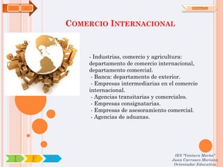 COM   OA                                                       CENTROS




                   COMERCIO INTERNACIONAL


                       - Industrias, comercio y agricultura:
                       departamento de comercio internacional,
                       departamento comercial.
                        - Banca: departamento de exterior.
                        - Empresas intermediarias en el comercio
                       internacional.
                        - Agencias transitarias y comerciales.
                        - Empresas consignatarias.
                        - Empresas de asesoramiento comercial.
                        - Agencias de aduanas.




                                                       IES "Ventura Morón"
 I         F   C                                      Juan Carrasco Moriano
                                                       Orientador Educativo
 