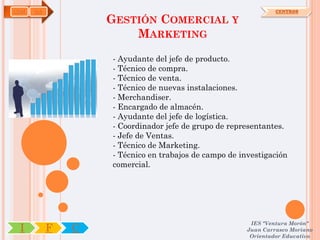 COM   OA                                                        CENTROS

                   GESTIÓN COMERCIAL Y
                       MARKETING
                   - Ayudante del jefe de producto.
                   - Técnico de compra.
                   - Técnico de venta.
                   - Técnico de nuevas instalaciones.
                   - Merchandiser.
                   - Encargado de almacén.
                   - Ayudante del jefe de logística.
                   - Coordinador jefe de grupo de representantes.
                   - Jefe de Ventas.
                   - Técnico de Marketing.
                   - Técnico en trabajos de campo de investigación
                   comercial.




                                                        IES "Ventura Morón"
 I         F   C                                       Juan Carrasco Moriano
                                                        Orientador Educativo
 