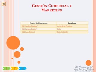GESTIÓN COMERCIAL Y
                         MARKETING


                  Centro de Enseñanza                  Localidad
        IES “Andrés Benítez”            Jerez de la Frontera
        IES “Arroyo Hondo”              Rota
        IES “Las Salinas”               San Fernando




                                                                IES "Ventura Morón"
I   F   C                                                      Juan Carrasco Moriano
                                                                Orientador Educativo
 