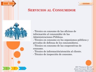 COM   OA                                                          CENTROS




                   SERVICIOS AL CONSUMIDOR




                     - Técnico en consumo de las oficinas de
                     información al consumidor de las
                     Administraciones Públicas.
                     - Técnico en consumo en los organismos públicos y
                     privados de defensa de los consumidores.
                     - Técnico en consumo de las cooperativas de
                     consumo.
                     - Técnico de información/atención al cliente.
                     - Técnico de inspección de consumo.




                                                          IES "Ventura Morón"
 I         F   C                                         Juan Carrasco Moriano
                                                          Orientador Educativo
 
