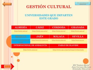 POR UNIVERSIDADES
                                                                                            (ANDALUCÍA)


                        GESTIÓN CULTURAL

                      UNIVERSIDADES QUE IMPARTEN
                              ESTE GRADO


        ALMERÍA                     CÁDIZ               CÓRDOBA                  GRANADA
        http://www.ual.es/      http://www.uca.es/es/   http://www.uco.es/       http://www.ugr.es/


         HUELVA                      JAÉN                MÁLAGA                   SEVILLA
      http://www.uhu.es/inde   http://www10.ujaen.es/   http://www.uma.es/       http://www.us.es/
               x.php

       INTERNACIONAL DE ANDALUCÍA                               PABLO DE OLAVIDE

                    http://www.unia.es/                  http://www.upo.es/portal/impe/web/portada




                                                                                   IES "Ventura Morón"
AYH                                                                               Juan Carrasco Moriano
                                                                                   Orientador Educativo
 