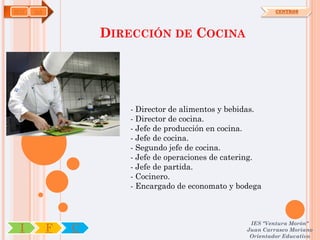 HOT   OA                                                      CENTROS




                   DIRECCIÓN DE COCINA




                       - Director de alimentos y bebidas.
                       - Director de cocina.
                       - Jefe de producción en cocina.
                       - Jefe de cocina.
                       - Segundo jefe de cocina.
                       - Jefe de operaciones de catering.
                       - Jefe de partida.
                       - Cocinero.
                       - Encargado de economato y bodega



                                                      IES "Ventura Morón"
 I         F   C                                     Juan Carrasco Moriano
                                                      Orientador Educativo
 