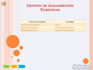 GESTIÓN DE ALOJAMIENTOS
                     TURÍSTICOS


                 Centro de Enseñanza                Localidad
        CCIP “Fernando Quiñones”       Cádiz
        IES “Pedro Muñoz Seca”         El Puerto de Santa María
        IES “Menéndez Tolosa”          La Línea de la Concepción




                                                             IES "Ventura Morón"
I   F   C                                                   Juan Carrasco Moriano
                                                             Orientador Educativo
 