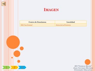 IMAGEN

                 Centro de Enseñanza                 Localidad
        IES “La Granja”                Jerez de la Frontera




                                                               IES "Ventura Morón"
I   F   C                                                     Juan Carrasco Moriano
                                                               Orientador Educativo
 