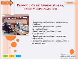 IMS   OA                                                       CENTROS

               PRODUCCIÓN DE AUDIOVISUALES,
                   RADIO Y ESPECTÁCULOS




                       - Técnico en producción de programas de
                       televisión.
                       - Técnico en producción de obras
                       cinematográficas.
                       - Técnico en producción de obras
                       videográficas.
                       - Técnico en producción de programas
                       radiofónicos.
                       - Técnico en producción de espectáculos y
                       obras teatrales.




                                                       IES "Ventura Morón"
 I         F   C                                      Juan Carrasco Moriano
                                                       Orientador Educativo
 