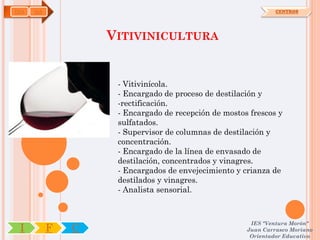 INA   OA                                                       CENTROS




                   VITIVINICULTURA


                    - Vitivinícola.
                    - Encargado de proceso de destilación y
                    -rectificación.
                    - Encargado de recepción de mostos frescos y
                    sulfatados.
                    - Supervisor de columnas de destilación y
                    concentración.
                    - Encargado de la línea de envasado de
                    destilación, concentrados y vinagres.
                    - Encargados de envejecimiento y crianza de
                    destilados y vinagres.
                    - Analista sensorial.



                                                       IES "Ventura Morón"
 I         F   C                                      Juan Carrasco Moriano
                                                       Orientador Educativo
 