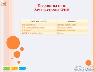 DESARROLLO DE
                        APLICACIONES WEB


                  Centro de Enseñanza                 Localidad
        IES “Mar de Cádiz”              El Puerto de Santa María
        IES “Francisco Romero Vargas”   Jerez de la Frontera
        IES “Doñana”                    Sanlúcar de Barrameda
        IES “Nª Sª de los Remedios”     Ubrique




                                                                IES "Ventura Morón"
I   F   C                                                      Juan Carrasco Moriano
                                                                Orientador Educativo
 