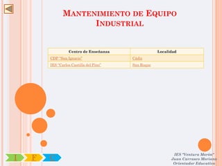 MANTENIMIENTO DE EQUIPO
                     INDUSTRIAL


                  Centro de Enseñanza                Localidad
        CDP “San Ignacio”                Cádiz
        IES “Carlos Castilla del Pino”   San Roque




                                                            IES "Ventura Morón"
I   F   C                                                  Juan Carrasco Moriano
                                                            Orientador Educativo
 