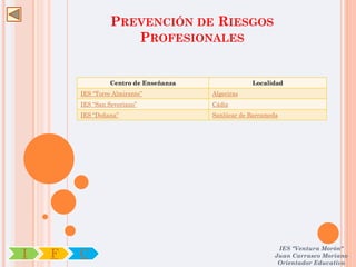 PREVENCIÓN DE RIESGOS
                     PROFESIONALES


                  Centro de Enseñanza               Localidad
        IES “Torre Almirante”           Algeciras
        IES “San Severiano”             Cádiz
        IES “Doñana”                    Sanlúcar de Barrameda




                                                            IES "Ventura Morón"
I   F   C                                                  Juan Carrasco Moriano
                                                            Orientador Educativo
 