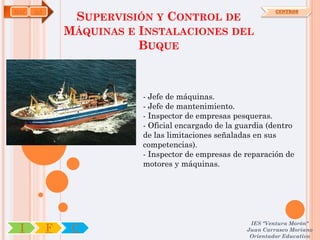 MAP   OA
                SUPERVISIÓN Y CONTROL DE
                                                               CENTROS



               MÁQUINAS E INSTALACIONES DEL
                          BUQUE



                          - Jefe de máquinas.
                          - Jefe de mantenimiento.
                          - Inspector de empresas pesqueras.
                          - Oficial encargado de la guardia (dentro
                          de las limitaciones señaladas en sus
                          competencias).
                          - Inspector de empresas de reparación de
                          motores y máquinas.




                                                       IES "Ventura Morón"
 I         F    C                                     Juan Carrasco Moriano
                                                       Orientador Educativo
 