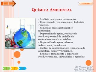 QUI   OA                                                      CENTROS




                   QUÍMICA AMBIENTAL

                     - Analista de agua en laboratorios.
                     - Encargado de recuperación en Industria
                     Papelera.
                     - Seguridad medioambiental en
                     fabricación.
                     - Depuración de aguas, reciclaje de
                     residuos y control de emisión de
                     contaminantes a la atmósfera.
                     - Depuración de aguas urbanas,
                     industriales y residuales.
                     - Control de contaminación: emisiones a la
                     atmósfera, ruido y vibraciones.
                     - Reciclaje, tratamiento y control de
                     residuos urbanos, industriales y agrícolas.



                                                      IES "Ventura Morón"
 I         F   C                                     Juan Carrasco Moriano
                                                      Orientador Educativo
 