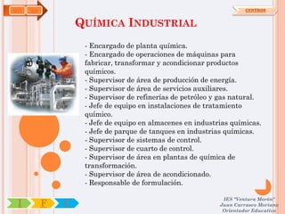 QUI   OA                                                             CENTROS


                   QUÍMICA INDUSTRIAL
                    - Encargado de planta química.
                    - Encargado de operaciones de máquinas para
                    fabricar, transformar y acondicionar productos
                    químicos.
                    - Supervisor de área de producción de energía.
                    - Supervisor de área de servicios auxiliares.
                    - Supervisor de refinerías de petróleo y gas natural.
                    - Jefe de equipo en instalaciones de tratamiento
                    químico.
                    - Jefe de equipo en almacenes en industrias químicas.
                    - Jefe de parque de tanques en industrias químicas.
                    - Supervisor de sistemas de control.
                    - Supervisor de cuarto de control.
                    - Supervisor de área en plantas de química de
                    transformación.
                    - Supervisor de área de acondicionado.
                    - Responsable de formulación.

                                                             IES "Ventura Morón"
 I         F   C                                            Juan Carrasco Moriano
                                                             Orientador Educativo
 