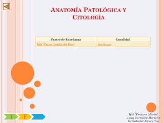 ANATOMÍA PATOLÓGICA Y
                       CITOLOGÍA


                  Centro de Enseñanza                Localidad
        IES “Carlos Castilla del Pino”   San Roque




                                                            IES "Ventura Morón"
I   F   C                                                  Juan Carrasco Moriano
                                                            Orientador Educativo
 
