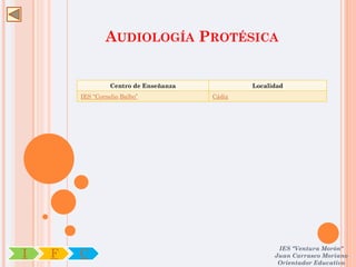 AUDIOLOGÍA PROTÉSICA


                  Centro de Enseñanza           Localidad
        IES “Cornelio Balbo”            Cádiz




                                                       IES "Ventura Morón"
I   F   C                                             Juan Carrasco Moriano
                                                       Orientador Educativo
 