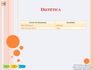 DIETÉTICA


                  Centro de Enseñanza               Localidad
        IES “El Getares”                Algeciras
        IES “Cornelio Balbo”            Cádiz




                                                           IES "Ventura Morón"
I   F   C                                                 Juan Carrasco Moriano
                                                           Orientador Educativo
 