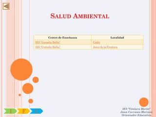 SALUD AMBIENTAL


                  Centro de Enseñanza                 Localidad
        IES “Cornelio Balbo”            Cádiz
        IES “Cornelio Balbo”            Jerez de la Frontera




                                                                IES "Ventura Morón"
I   F   C                                                      Juan Carrasco Moriano
                                                                Orientador Educativo
 