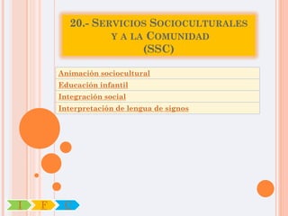 20.- SERVICIOS SOCIOCULTURALES
                   Y A LA COMUNIDAD
                         (SSC)

        Animación sociocultural
        Educación infantil
        Integración social
        Interpretación de lengua de signos




I   F    C
 